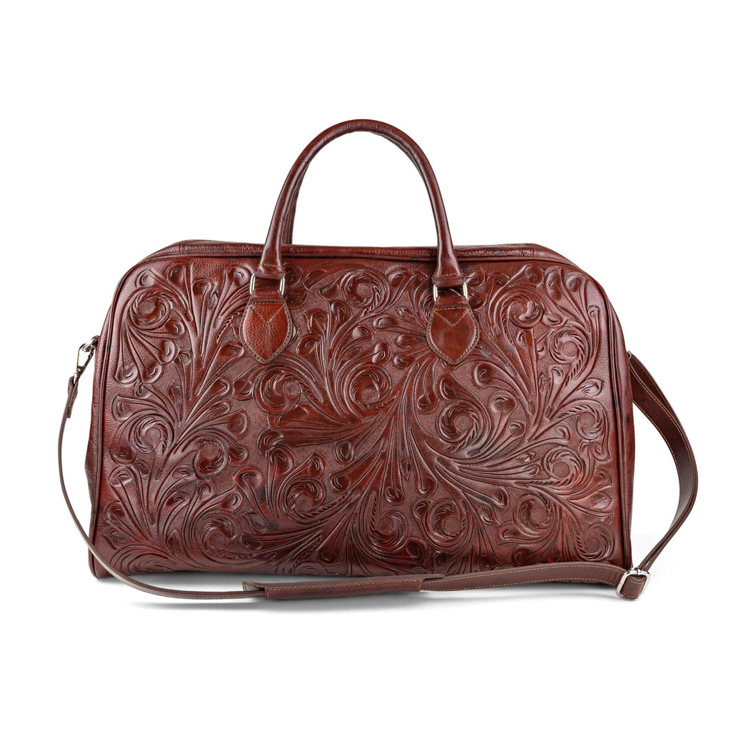 Tooled leather 2024 duffle bag