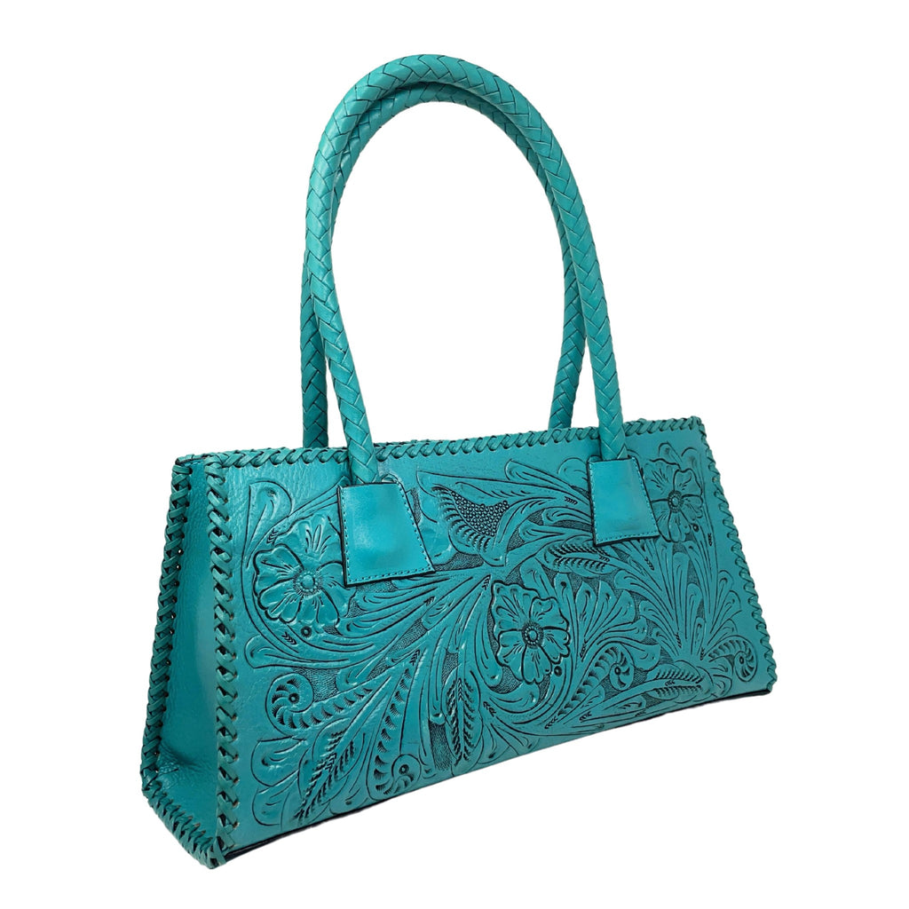 Sayulita Hand Tooled Leather Shoulder Bag with Woven Handles (Turquois ...