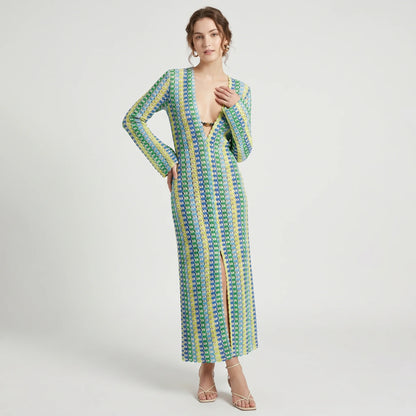 Abito lungo multicolore in maglia – Scollo a V, maniche lunghe e spacco