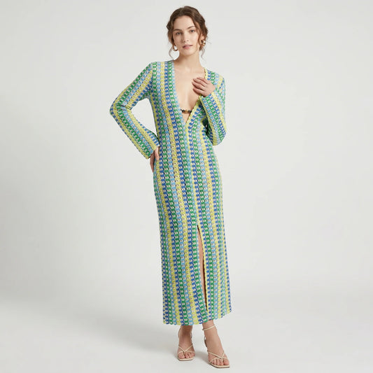 Abito lungo multicolore in maglia – Scollo a V, maniche lunghe e spacco