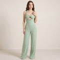 Grøn Dame Jumpsuit med Halterneck, Flettede Detaljer og Vide Ben