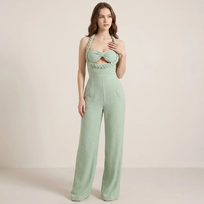 Tuta jumpsuit verde da donna con scollo halter e pantaloni larghi