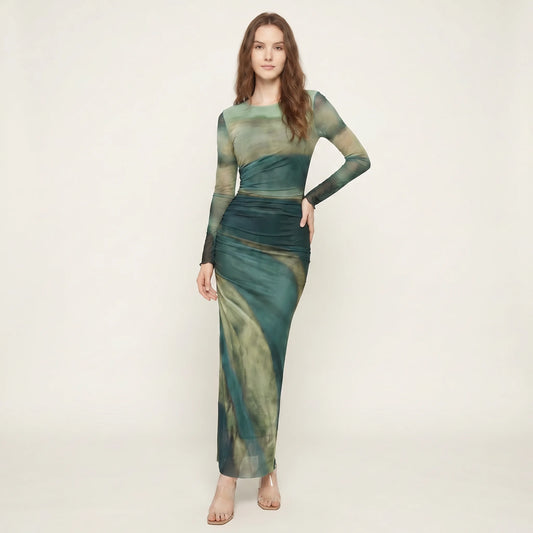 Abito lungo plissettato da donna in mesh – Vestito elegante da sera