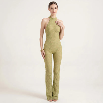 Tuta jumpsuit donna in pizzo con schiena scoperta e scollo halter