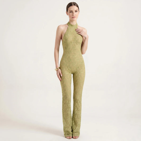 Tuta jumpsuit donna in pizzo con schiena scoperta e scollo halter