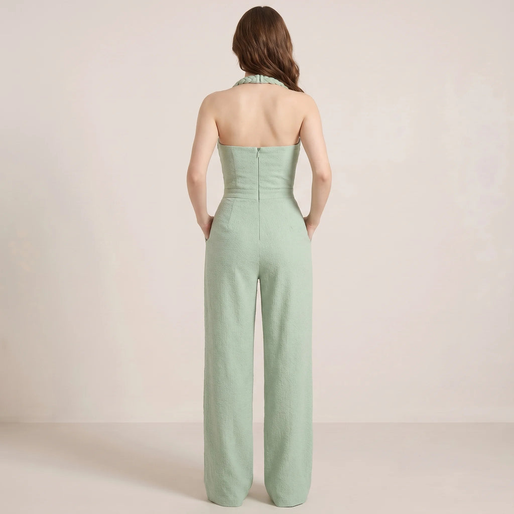 Grøn Dame Jumpsuit med Halterneck, Flettede Detaljer og Vide Ben