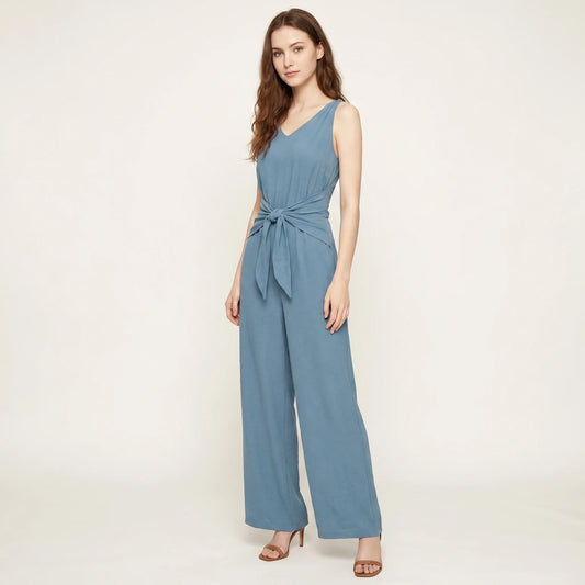 Tuta jumpsuit donna con scollo a V, cintura e pantaloni larghi