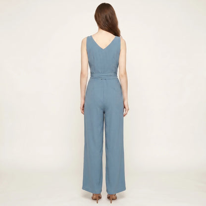 Tuta jumpsuit donna con scollo a V, cintura e pantaloni larghi